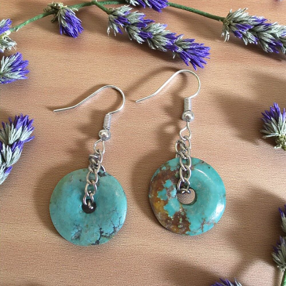 Turquoise Donut Earrings, Silver Curb Chain, Pierced
